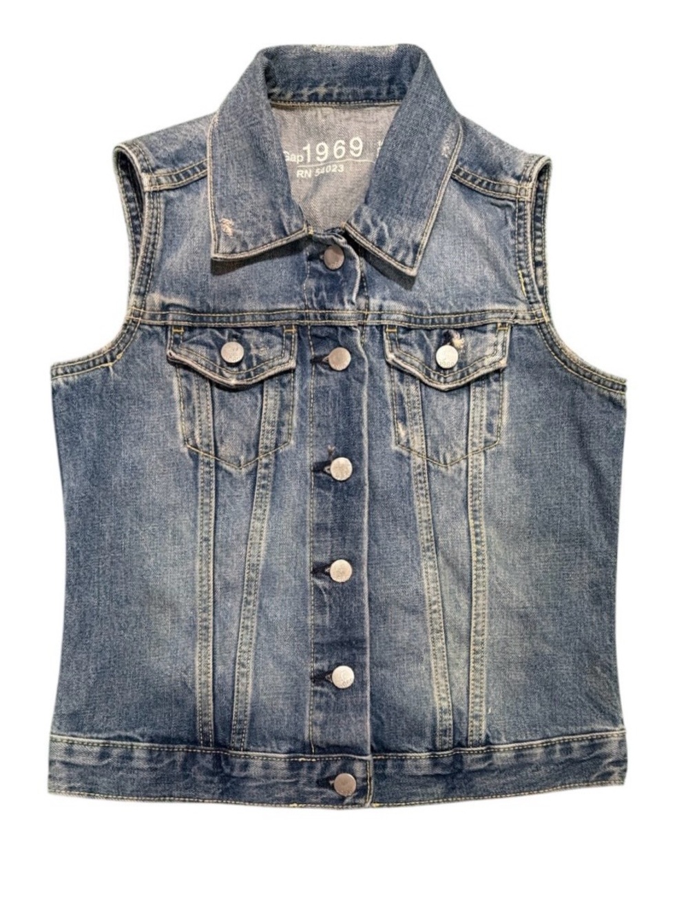 GAP 1969 Denim Vest XS Medium Wash Button Front Classic Trucker Distressed